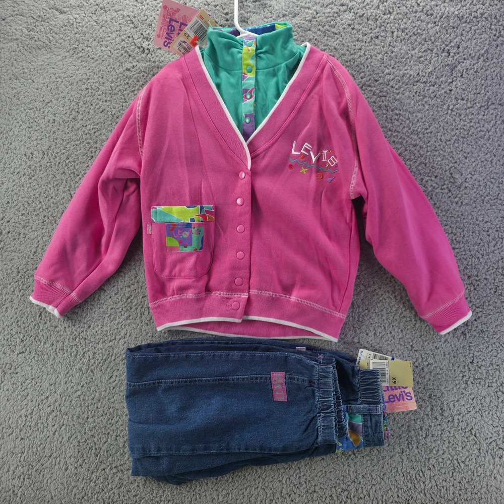 Vintage Little Levis 3 Piece Set Pink Cardigan Teal Top Denim Pants Kids 6X NWT